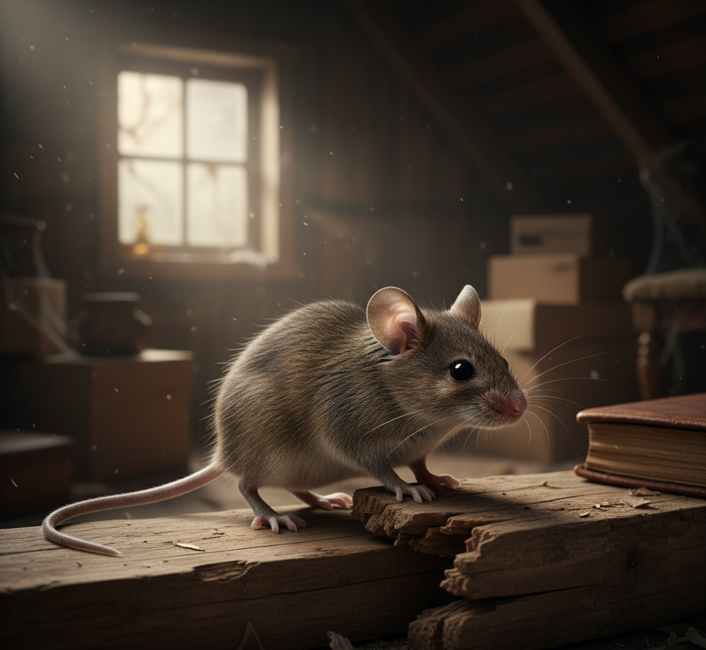 A mouse perched on old wooden boards in an attic, emphasizing the importance of reliable Rodent Control in San Diego for homeowners.