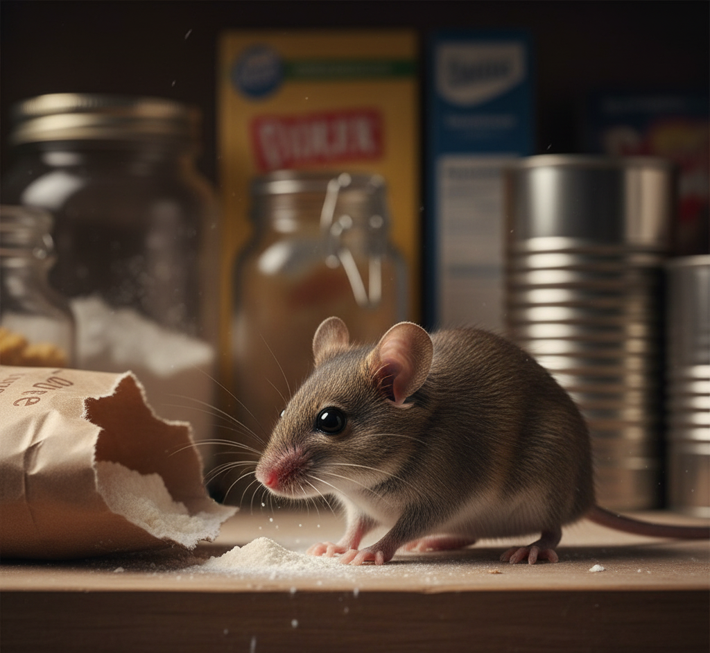 A house mouse chewing through a bag of flour in a kitchen pantry, highlighting why Rodent Control in San Diego is essential.