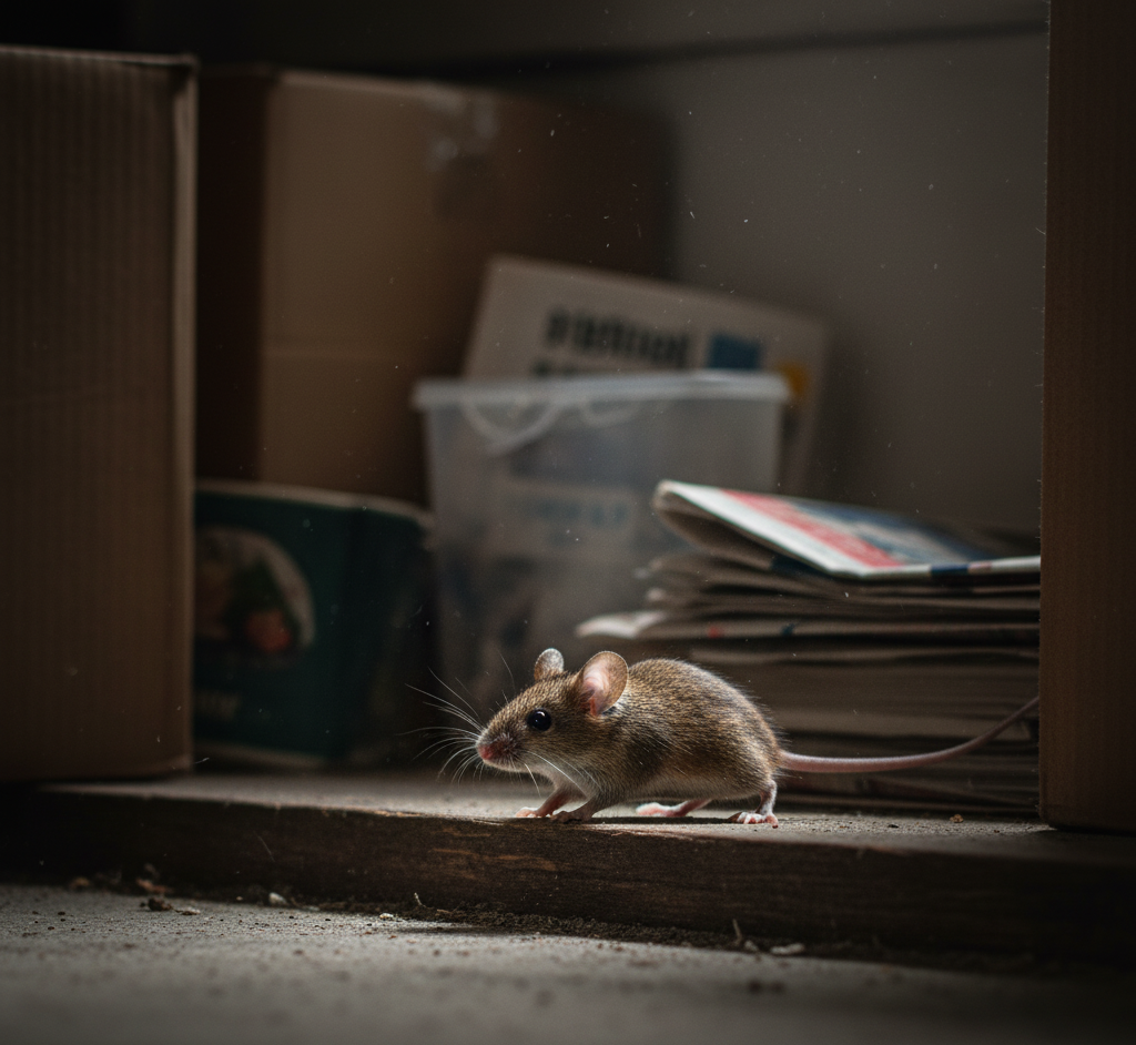 A small mouse hiding among cardboard boxes and papers, a typical sign that Rodent Control in San Diego services are required.